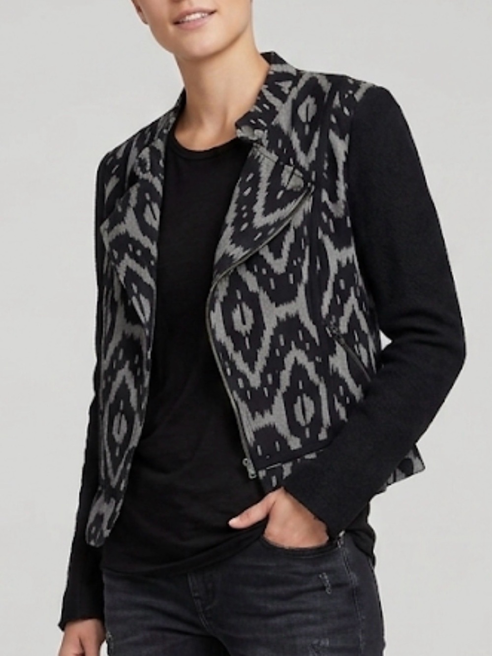 Willow & Clay Black Grey Ikat Moto Jacket Zip Sleeve Peplum Raw Hem XS